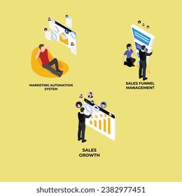Marketing automation system, sales funnel management, sales growth isometric 3d vector illustration concept