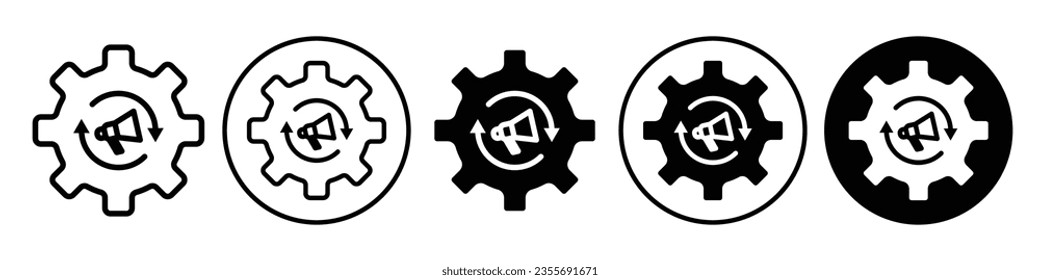 Marketing Automation tool Icon. Social media automate system to promote or planning the progress of company symbol. Vector set of gear cog wheel shows work flow setting. Flat outline of technical logo