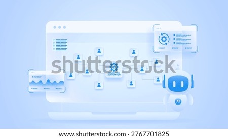 Marketing automation workflow diagram dashboard with ai agent, client, data analytics, flow process and automation system.