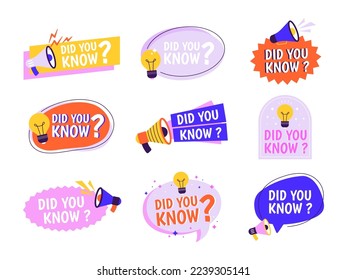 Marketing balloons, do you know stickers design. Facts info graphics labels. Ad badges, question and new idea messages, racy vector typography banners