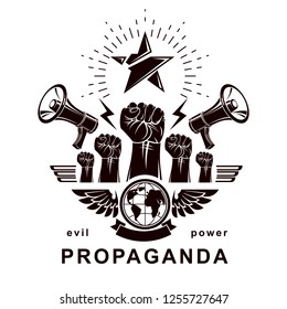 Marketing banner composed with loudspeakers, raised clenched fists and Earth planet, vector illustration. Propaganda as the means of influence on global public opinion.