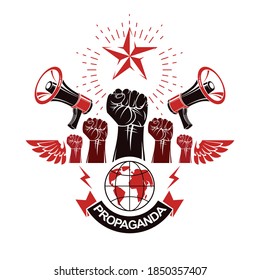 Marketing banner composed with loudspeakers, raised clenched fists and Earth planet, vector illustration. Propaganda as the means of influence on global public opinion.