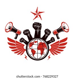 Marketing banner composed with loudspeakers, raised clenched fists and Earth planet, vector illustration. Propaganda as the means of influence on global public opinion.