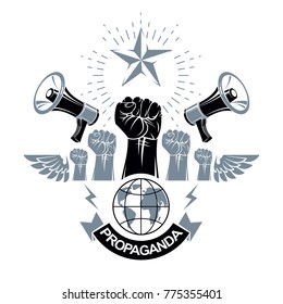 Marketing banner composed with loudspeakers, raised clenched fists and Earth planet, vector illustration. Propaganda as the means of influence on global public opinion.