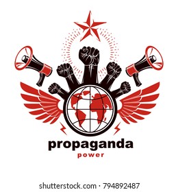 Marketing banner composed with loudspeakers, raised clenched fists and Earth planet, vector illustration. Propaganda as the means of influence on global public opinion.