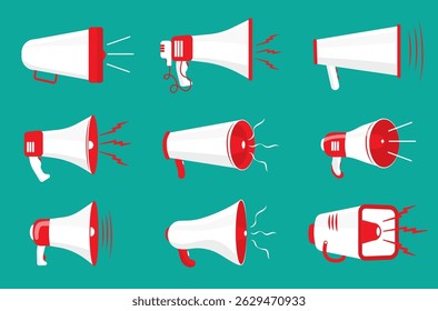 Banner de marketing com som megafon e bolha de fala em estilo cômico retrô mostrando poder de voz social e alerta de aviso em design vetorial para propaganda financeira ou escolar com elemento de doodle de papel

