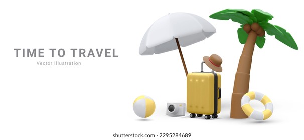 Marketing banner for online travel purchase in 3d realistic style with umbrella, suitcase, life buoy, hat , palm tree ,camera and  bitch ball. Vector illustration