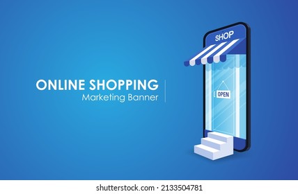 Marketing Banner with Smartphone Online Shopping. Vector Illustration