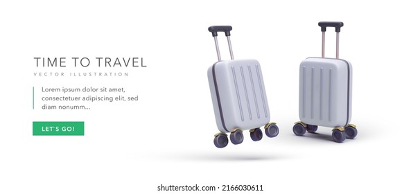 Marketing banner time to travel in 3d realistic style with suitcase. Vector illustration