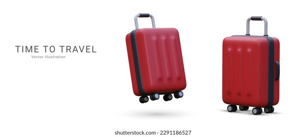 Marketing banner time to travel in 3d realistic style with suitcase. Vector illustration