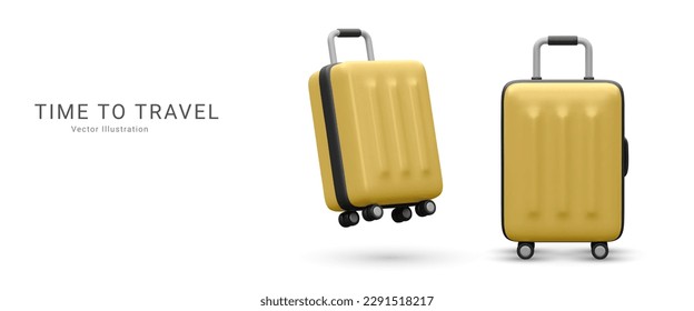 Marketing banner time to travel in 3d realistic style with suitcase. Vector illustration