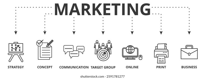 Marketing banner vector illustration concept with icon of strategy, concept, communication, target group, online, print and business