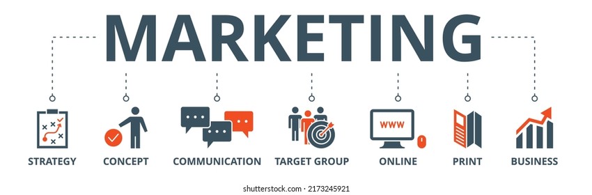 Marketing banner web icon vector illustration concept with icon of strategy, concept, communication, target group, online, print and business