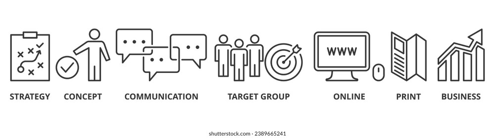 Marketing banner web icon vector illustration concept with icon of strategy, concept, communication, target group, online, print and business