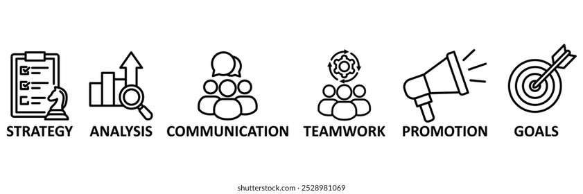 Banner de marketing ícone web vetor ilustração conceito com ícone de estratégia, análise, comunicação, trabalho em equipe, promoção, metas	
