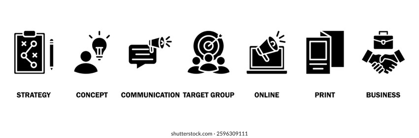 Marketing banner web icon vector illustration concept with icon of strategy, concept, communication, target group, online, print, and business