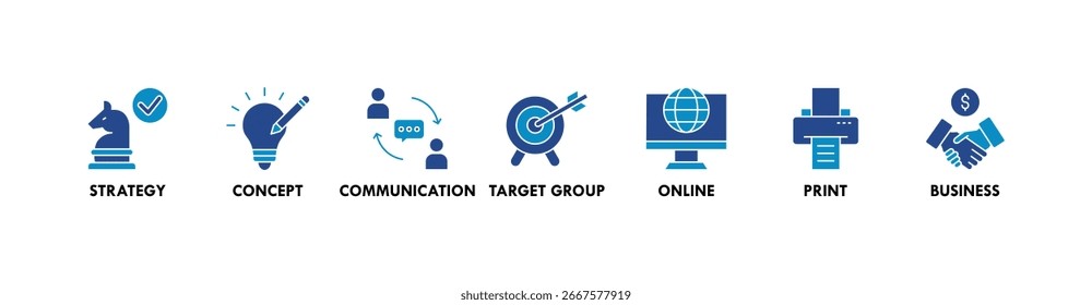 Marketing banner web icon vector illustration concept with icon of strategy, concept, communication, target group, online, print and business