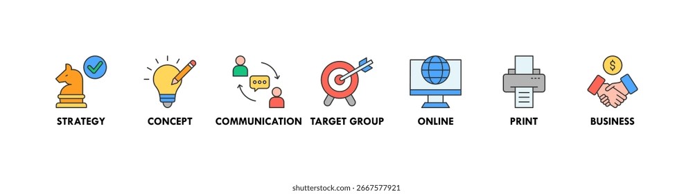 Marketing banner web icon vector illustration concept with icon of strategy, concept, communication, target group, online, print and business