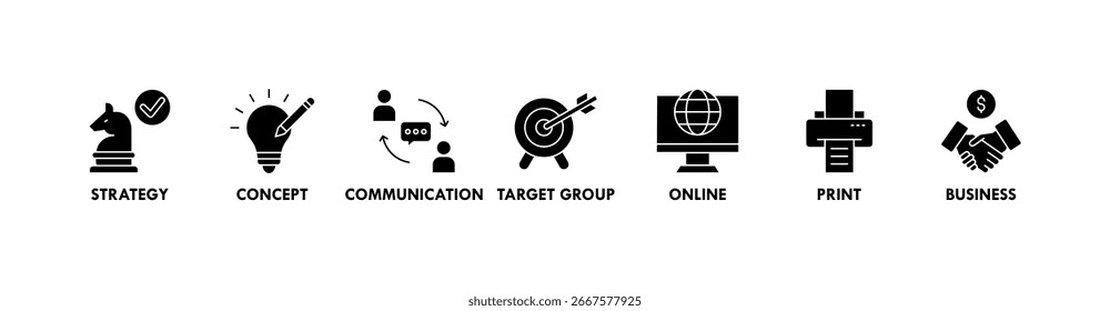 Concepto de Ilustración vectorial del icono del Web del Anuncio del márketing con el icono de la estrategia, concepto, comunicación, grupo objetivo, en línea, impresión y negocio