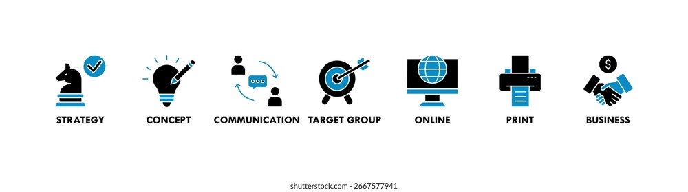 Concepto de Ilustración vectorial del icono del Web del Anuncio del márketing con el icono de la estrategia, concepto, comunicación, grupo objetivo, en línea, impresión y negocio