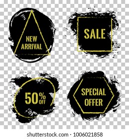 Marketing banners for black friday sale vector collection. Advertising banners with geometric shape borders, black background. Sale label, 50 off special offer tags, advert signs design. Best price.