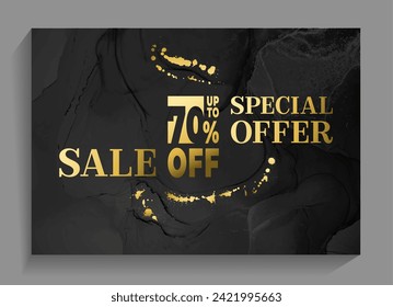 Marketing banners for Black Friday sale vector design. Advertising banners with fluid backgrounds, gold drop blots. Sale banners, up to 70% off special offer advert design. Best price discounts