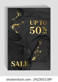 Marketing banners for Black Friday sale vector design. Advertising banners with fluid backgrounds, gold drop blots. Sale banners, up to 50% off special offer advert design. Best price discounts