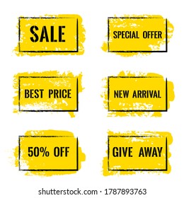 Marketing banners for sale vector collection. Advertising banners with geometric shape borders, frames, brush stroke background. Sale label, 50 off special offer tag, advert signs design. Best price