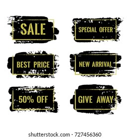 Marketing banners for sale vector collection. Advertising banners with geometric shape borders, frames, brush stroke background. Sale label, 50% off special offer tag, advert signs design. Best price