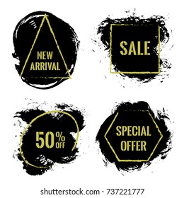 Marketing banners for sale vector collection. Advertising banners with geometric shape borders, frames, brush stroke background. Sale label, 50 off special offer tags, advert signs design. Best price