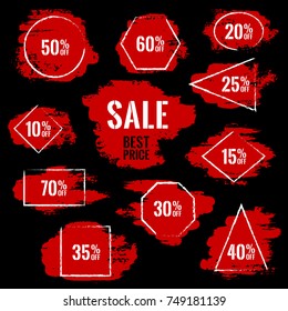 Marketing banners for sale vector collection. Advertising banners with geometric shape borders, frames, brush stroke background. Sale label, 50 off special offer tags, advert signs design. Best price