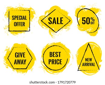 Marketing banners for summer sale vector collection. Advertising banners with geometric frames, brush stroke yellow background. Sale label, 50 percent off special offer tag, advert signs design.