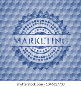 Marketing blue emblem with geometric pattern background.