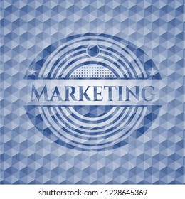 Marketing blue hexagon badge.