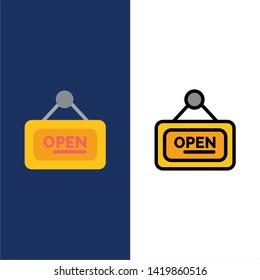 Marketing, Board, Sign, Open  Icons. Flat and Line Filled Icon Set Vector Blue Background
