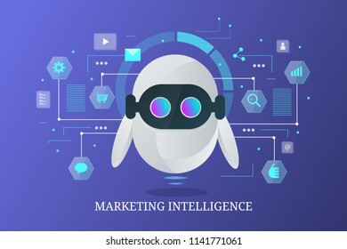 Marketing bot, chatbot, data marketing intelligence, artificial intelligence flat style futuristic vector banner with icons