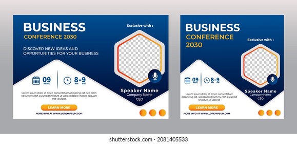Marketing Business Conference live webinar banner invitation and social media post template. Abstract blue background cover. Business webinar invitation design.