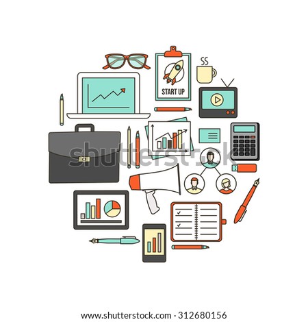 Marketing and business expert work tools, thin line objects in a circular shape on white background
