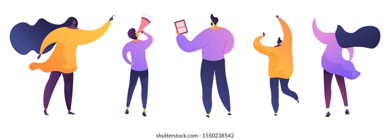 Marketing business flat vector illustrations set. Social activists crowd cartoon characters. Advertising campaign, promoter with megaphone, marketer holding tablet. Protesters on public strike