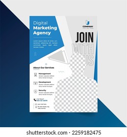 Marketing Business Flyer Template Design With Company Information. A Template For An Informational Flyer With Creative Use Of Triangular And Trapezoidal Geometrical Shapes In Blue And White Color 