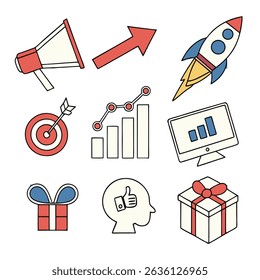 Marketing and business growth icons set: rocket launch, target, megaphone, graph, gift, and thumb up.