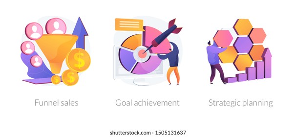 Marketing business icons set. Customer conversion model, success strategy development. Funnel sales, goal achievement, strategic planning metaphors. Vector isolated concept metaphor illustrations