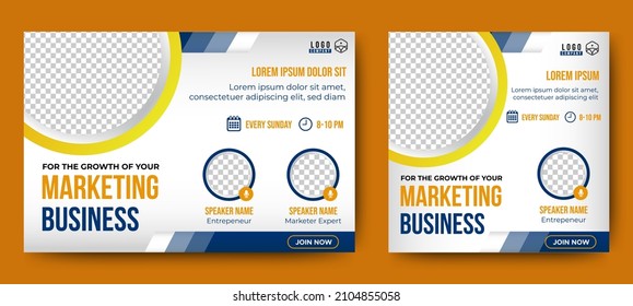 Marketing Business Live Webinar Banner Invitation and Social Media post template. Blue and Yellow background. Business Converence invitation design. Vector EPS 10