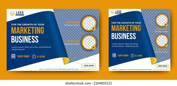 Marketing Business Live Webinar Banner Invitation and Social Media post template. Blue and Yellow background. Business Converence invitation design. Vector EPS 10