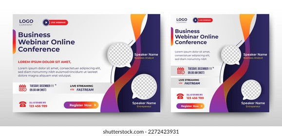 Marketing Business Live Webinar Banner Invitation and Social Media post template. Blue and Yellow background. Business Converence invitation design. Vector EPS	