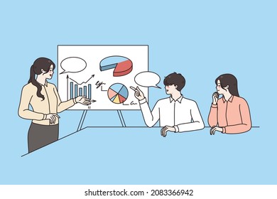 Marketing business presentation and coaching concept. Young positive colleagues sitting and listening to woman speaker coach making presentation about business strategy marketing vector illustration 