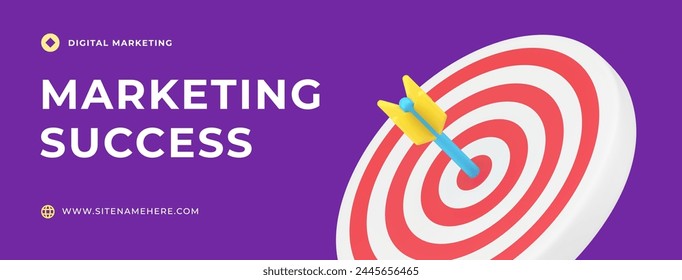 Marketing business success startup target with arrow in bullseye social media banner template 3d icon vector illustration. Management solutions optimization leadership financial strategy development