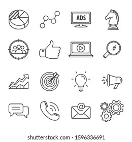 Marketing business vector lines icon set. Contains such Icons as connection, target, promotion and more. Editable Stroke