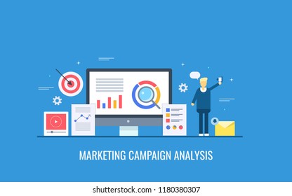 Marketing Campaign Analysis, Digital Analytics, Businessman Monitoring Marketing Success Flat Vector Illustration With Icons