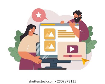 Marketing campaign. Brand or product advertising with entertaining and engaging content. Character developing and following a content plan in social media and website. Flat vector illustration